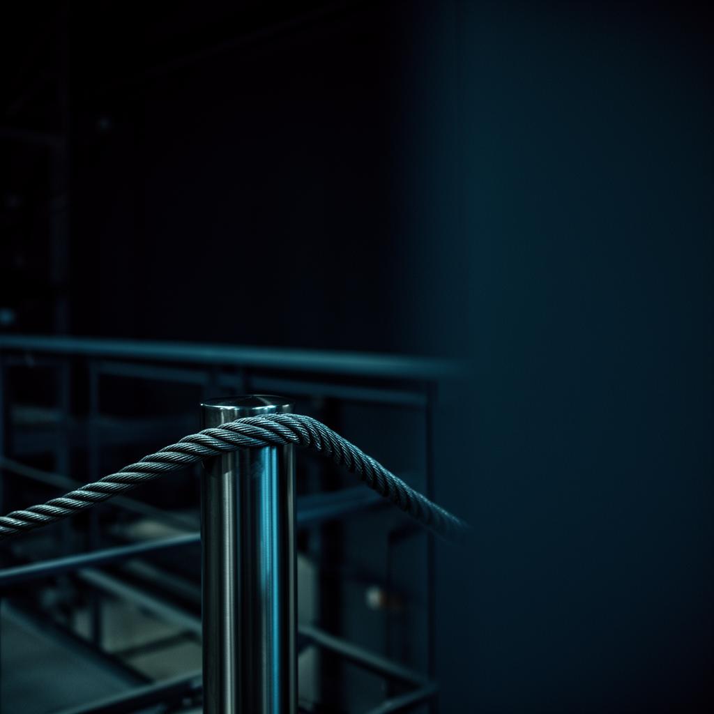 Steel cable looped around a polished bollard on a factory mezzanine